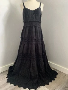 LOVE the Label Anthropologie Black Flocked Lace Crochet Tiered Cotton Maxi Sz XS - Picture 1 of 12