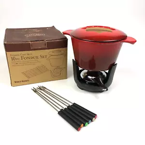 NOB Weltmarkt 10-teiliges Fondue-Set rot Emaille Gusseisen 6 Spieße Käse Schokolade - Bild 1 von 6
