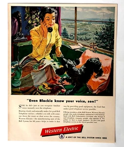 1950 Western elektrische Werbung Frau Hund Klingel Telefonanlage Vintage Druck AD - Bild 1 von 2