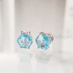 NATURAL HEXAGON BLUE TOPAZ GEMSTONE 925 STERLING SILVER WOMENS STUD EARRING - Picture 1 of 4
