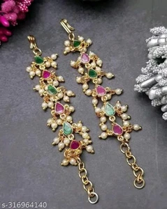 Minimalista Multi Perla Dorada Pendiente Cadena Kundan Joyería Regalo Para Ella - Imagen 1 de 2