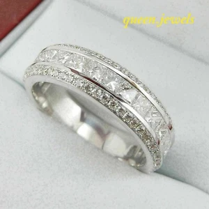 Lab Created 2CT Princess Cut Diamond Men's Wedding Band Ring 14K White Gold Over - Picture 1 of 5