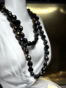 Vintage Necklace Black Beads Crystal Glass Gold Tone Metal Opera Length - Picture 1 of 8