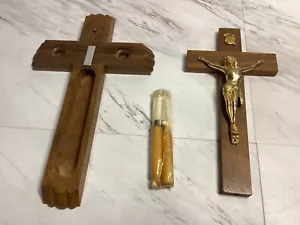 Vintage katholisch letzte Rechte Holzkruzifix Kreuz Set Weihwasser & Kerzen 13 Zoll - Bild 1 von 13