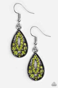 Paparazzi Earrings-Money to Blow- Lime Green Rhinestone Dainty Teardrop - Picture 1 of 1