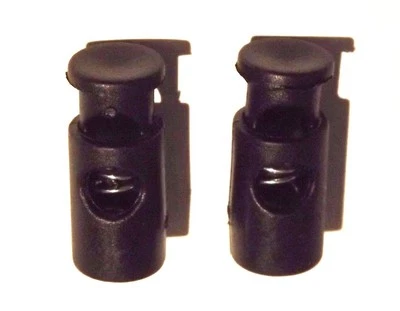 NEW 23mm X 10mm BLACK 6mm HOLE ROUND CORD ADJUSTERS STOPPER LOCK SPRING TOGGLES  - Image 1 of 2