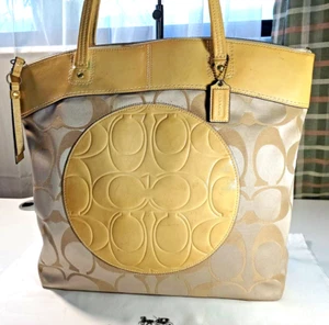 Coach Happy Large Yellow Khaki Purse Signature Sateen Patent Leather Logo - Picture 1 of 14