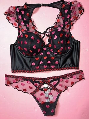 Victoria's Secret M-DD 34DDD 36DD CORSET BRA SET BLACK RED PINK HEART embroider - Image 1 of 3