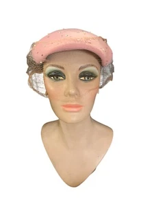 Cappello vintage Merrimac Corp rete lana rosa USA stile flapper velo metà secolo - Foto 1 di 11