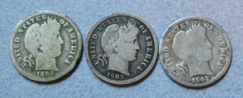 Three Popular Date Barber Dimes: 1898O, 1902S, 1905S Cover