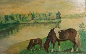 Vintage original oil painting landscape with horses - Picture 1 of 13