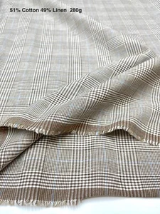 Cotton Linen Suiting Fabric Beige White Plaid with Blue Check woven ITALY 1.90m - Picture 1 of 12