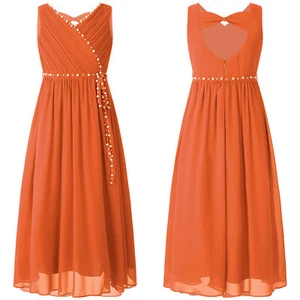 Kids Girls Sundress Sleeveless Ball Gown Wedding Dress V Neck Flower Girl Bow - Picture 1 of 123