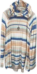 M Lularoe Amber Lightweight Hoodie Striped Blue Brown Tan Cream - Picture 1 of 3