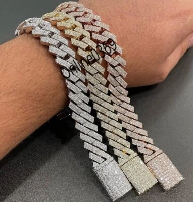 Мужской кубинский браслет 15 x 8 дюймов Miami с фианитом и муассанитом серебро бесплатные гвоздики - Изображение 1 из 4