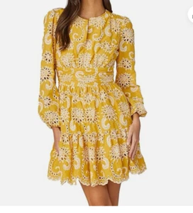 Shoshanna Costas Eyelet-Embroidered Mini Mustard Yellow Dress Size 6 NWT - Picture 1 of 13