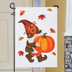 Halloween Themed Garden Gnome w/ Pumpkin & Leaves Outdoor Lawn Flag - Picture 1 of 1