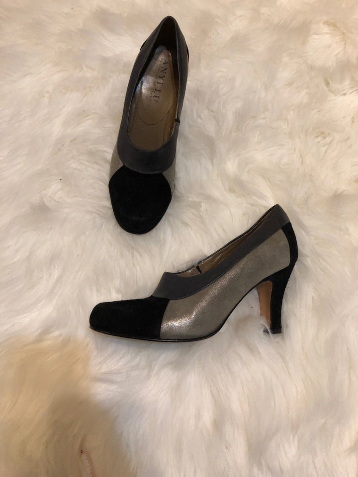 Anyi Lu Italia 37.5 7.5 Tacones Gamuza Gris Metálico Plata Negro Foto 1 de 4