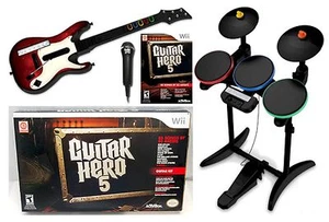 NEW Nintendo Wii Wii-U Guitar Hero 5 BAND SET Kit w/Drums+Mic+Guitar Game Bundle - Picture 1 of 8