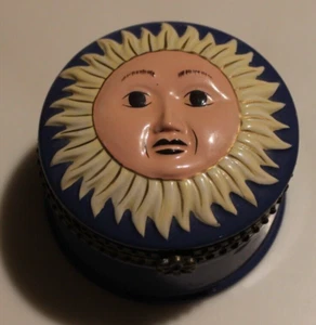 Sun Face 3-D handbemalte aufklappbare Schmuckschatulle kobaltblau mit Sonne auf Deckel 3" - Bild 1 von 8