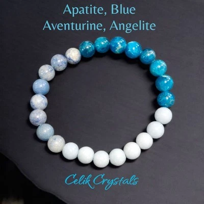 Apatite, Blue Aventurine, Angelite Bracelet 8mm Natural Stones Stretches Unisex - Image 1 of 4