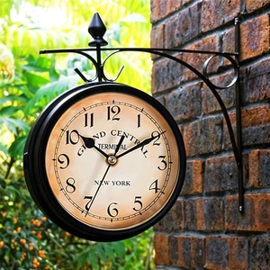 Large Outdoor Garden Station Wall Clock Double Sided Bracket Rust Copper Effect - Picture 1 of 13