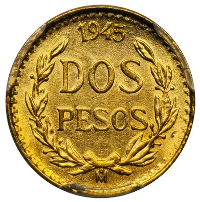 Moneda sin circular 1945 Mo Dos Pesos Oro México MS66 PCGS Gema PM0024 Foto 1 de 4