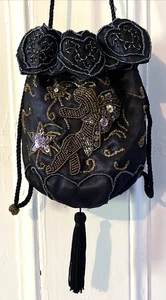 Vintage Kirks Folly selten Perlen Pailletten schwarz Kordelzug Handtasche Tasche Fee Herzen Sterne - Bild 1 von 22