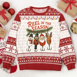 Funny Fishing Ugly Christmas Sweater, Reel in The Season Holiday Sweatshirt - Picture 1 of 4