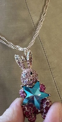 Betsey Johnson Pink Pave Pearl Bunny Pendant Necklace Rabbit Chain Charm Crystal - Image 1 of 4