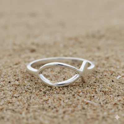 Sterling Silver Ichthys Fish Rings Religious Christia Faith Jewelry Gifts Womens - Image 1 of 4