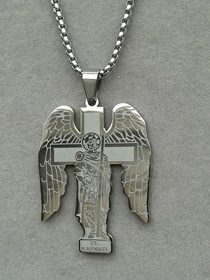 Erzengel Raphael Anhänger Mit Kette Edelstahl Silber Engel Sankt Heiliger Schutz - Bild 1 von 3