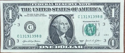 Series 2021 $1 FRN ~ C13191398B FLIPPER Serial Number - Image 1 of 2