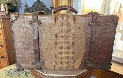 Редкий антикварный роскошный чемодан с горном аллигатора - Изображение 1 из 4