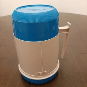 Vintage Thermos 10 oz Hot Cold Food Jar Wide Mouth Insulated Bottle White Blue - Picture 1 of 8