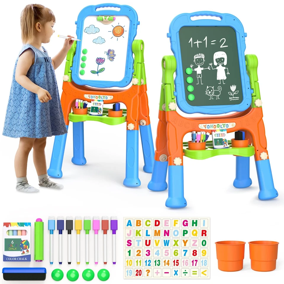 YOHOOLYO Double-Sided Kids Easel with Chalkboard Whiteboard - Perfect Gift for Children