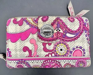 Vera Bradley Wallet Turn Lock Clutch Paisley Meets Plaid Pink/Gray - Picture 1 of 13