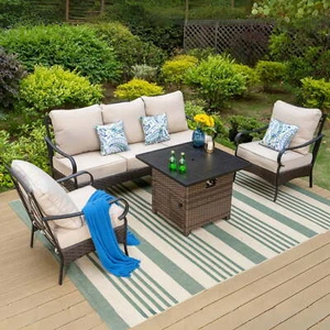 4Piece Outdoor Patio Furniture Set with Table Gas Fire Pit Conversation Sofa Set - Picture 1 of 12