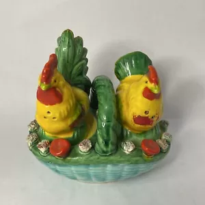 Vintage Japan Rooster & Hen Basket Nest Salt and Pepper Shaker Chicken As-Is - Picture 1 of 10