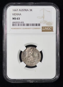 NGC MS63 1677 Austria Leopold I Silver 3 Kreuzer KM1169, Lone Top Graded by NGC - Picture 1 of 4