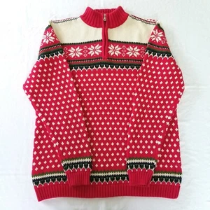 Vintage Lands End Red Nordic Snowflake Quarter Zip Cotton Sweater Youth XL - Picture 1 of 5