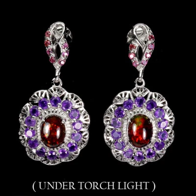 Orecchini In Argento Sterling 925 Con Opale Nero E Gemma Di Ametista 8x6mm - Immagine 1 di 4