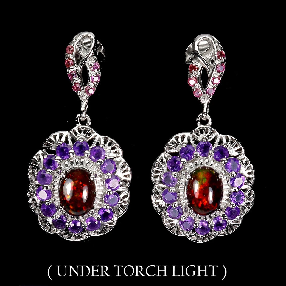 Orecchini In Argento Sterling 925 Con Opale Nero E Gemma Di Ametista 8x6mm - Immagine 1 di 4