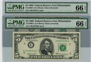 Fr. 1969-C $5 1969 2 Consec. Federal Reserve Note 66 EPQ PMG dc-2541 - Picture 1 of 2