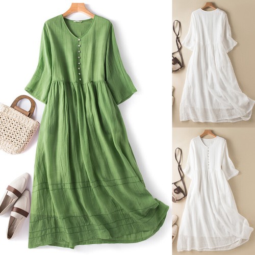 OFF WHITE Abito lungo donna estivo vacanza lino cotone largo bottoni caftano TAGLIA TAGLIA