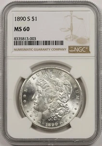 1890-S $1 NGC MS 60 Morgan Silver Dollar - Picture 1 of 4