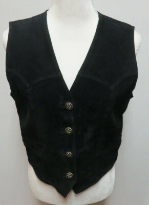 Cripple Creek Black Western Suede Leather Vest Pewter Buttons Women's Large VTG - Image 1 of 4