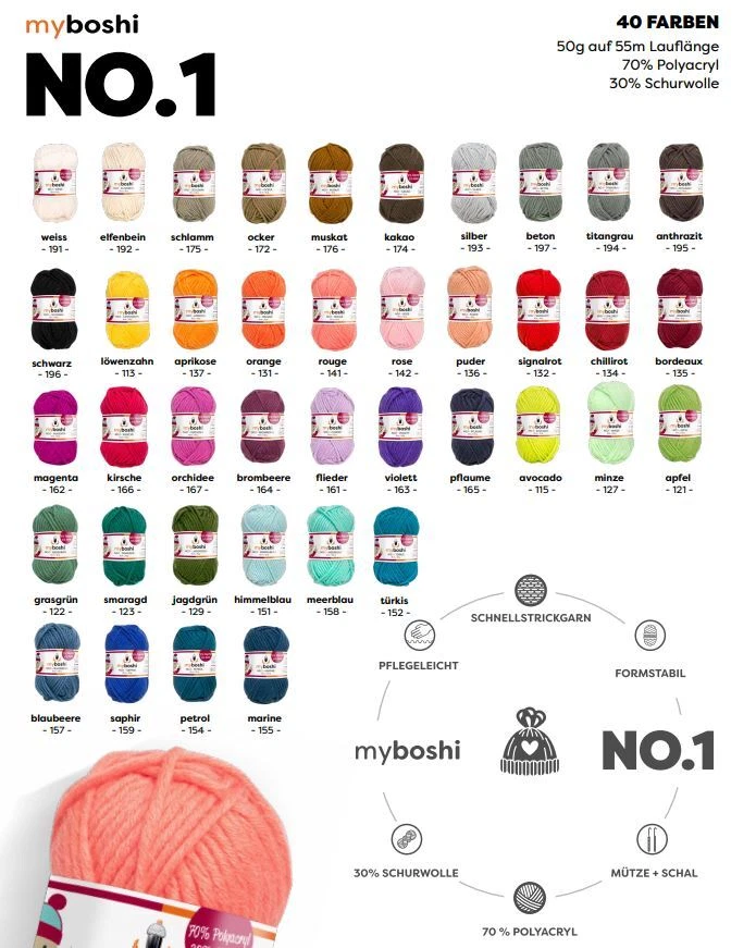Original Myboshi No. 1 Wolle 50 g Knäuel = 55 m Schnellstrickwolle