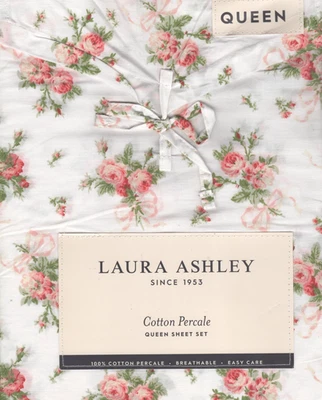 Laura Ashley Queen Sheet Set Ribbon Bouquet Red 4pc Cottage Farmhouse Chic Green - Image 1 of 4