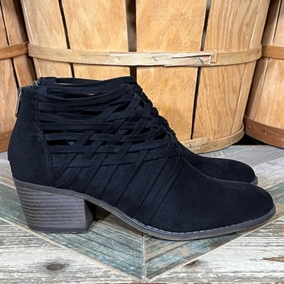 Fergalicious Bandana Black Faux Suede Strappy Block Heel Zip Ankle Boot Women 10 - Image 1 of 4